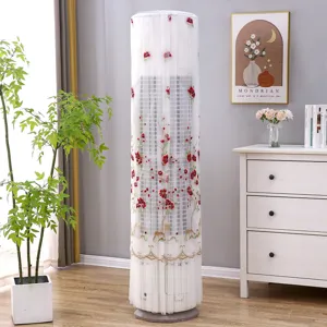 Vertical cylindrical air conditioner dust cover with red floral lace mesh design for home.