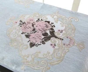 Primo piano di una copertura per microonde in tessuto blu chiaro con elegante ricamo floreale dorato.