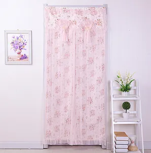 Pink floral double layer door curtain with lace and ruffles for bedroom partition decor