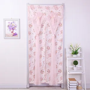 Pink floral door curtain with sweet lace frills and sheer tie backs, double layer fabric design.