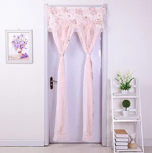 Pink floral double-layer door curtain, lace mesh anti-mosquito room privacy divider.