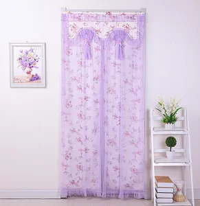 Purple floral mesh doorway curtain with double layer lace design for bedroom privacy and decor.
