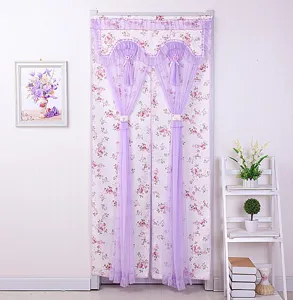 Double layer fabric door curtain with floral pattern and purple sheer lace for bedroom privacy.