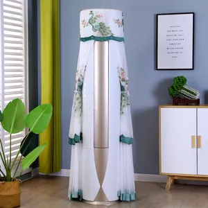 Vertical air conditioner dust cover detail showing exquisite peacock embroidery and white mesh fabric.