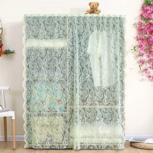 Green lace cabinet dust curtain detail, breathable mesh storage rack cover, home decor.