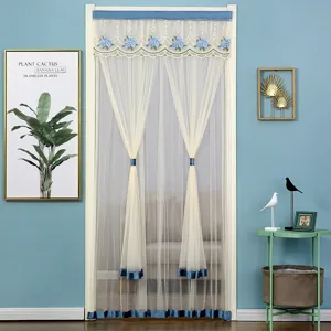 Lace embroidery door curtain, mosquito net for bedroom, elegant blue floral home decor.