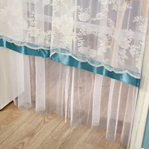 Close-up detail of the double-layer white lace gauze curtain with teal ribbon trim.