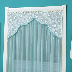 Turquoise sheer door curtain with leaf lace valance and beaded fringe, privacy partition.