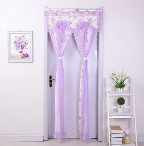Detailed view of double layer purple floral door curtain hanging in room scene decor style.