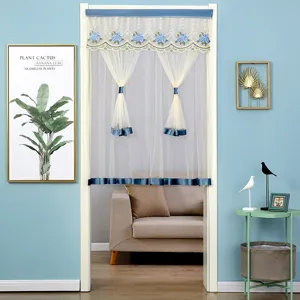 Double layer lace door curtain mesh anti mosquito room divider blue floral sheer curtain