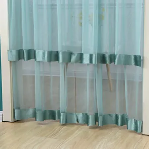 Green double layer sheer door curtain detail, elegant mesh hanging partition for home decor.