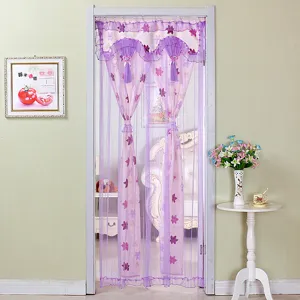 Purple mesh door curtain with maple leaf pattern, double layer privacy hanging drape.