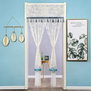 Double layer lace door curtain with blue tassels, sheer mesh anti-mosquito hanging curtain.