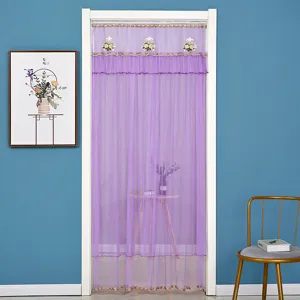 Cortina de puerta transparente de doble capa morada con bordado de encaje para dormitorio.
