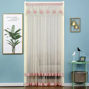 Double layer lace door curtain mesh anti mosquito floral embroidery pink ruffles home decor