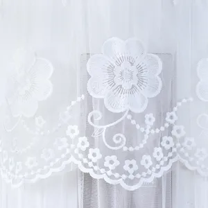 Close-up detail of white sheer lace fabric with delicate floral embroidery and scalloped edges.