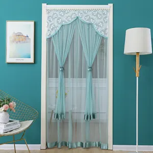 Teal double layer mesh door curtain detail, lace trim and bead decor, mosquito net.