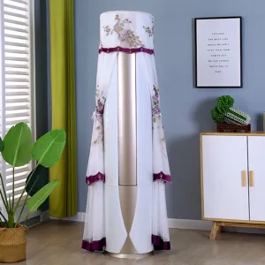 Vertical cylindrical air conditioner dust cover with elegant peacock embroidery and lace trim.