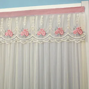 Pink velvet top lace embroidered sheer door curtain valance floral mesh home decor.