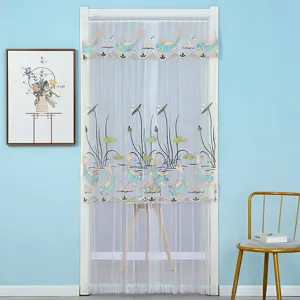 Cortina mosquitera para puerta de malla transparente con bordado de pez loto detalle
