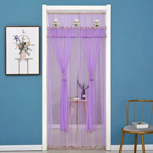 Cortina de puerta transparente de doble capa morada con bordado de encaje para dormitorio.