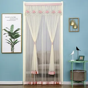 Double layer lace door curtain with pink floral embroidery and sheer mesh design for home.