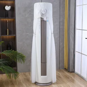 White lace vertical air conditioner dust cover, elegant floral mesh design for standing tower AC units.