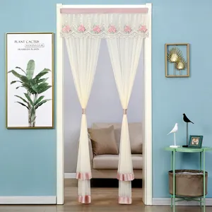 Double layer lace door curtain with pink bow tie, sheer gauze partition for home decor.