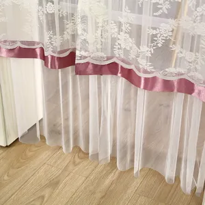 Close-up detail of double layer white lace curtain with purple ribbon trim, sheer fabric.