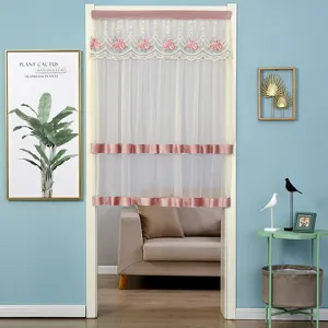 Double layer lace door curtain with floral embroidery and pink velvet top for home decor