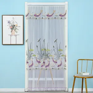 Cortina de puerta antimosquitos de malla con elegante bordado de peces violetas y loto, fácil.