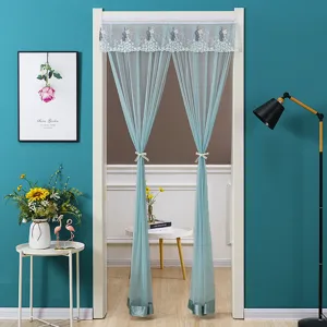 Blauer transparenter Türvorhang mit Spitzen-Pfauenstickerei, mückenfreier Raumteiler für Zuhause