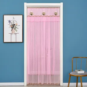 Cortina de puerta de malla de doble capa rosa con bordado flores anti mosquito decoración dormitorio