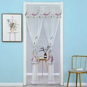 Cortina de puerta de encaje blanco con bordado de carpa koi, mosquitera para el hogar.
