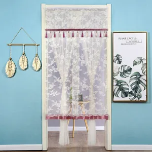 Double layer lace door curtain with elegant tassels, sheer fabric for home decor and room divider.