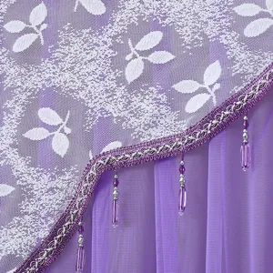 Purple double layer door curtain with white leaf lace and beaded fringe for bedroom decor.
