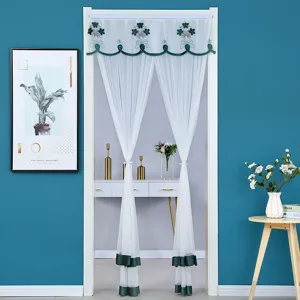 White sheer door curtain with dark green embroidered floral valance for home room decoration