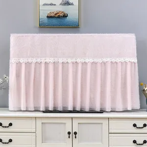 Pink fluffy lace TV dust cover, elegant protective cloth for flat screen televisions.
