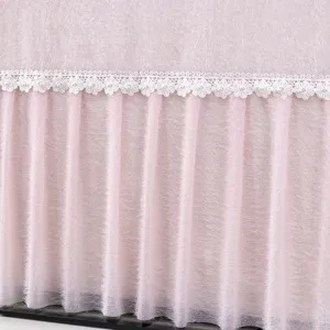 Pink plush TV dust cover featuring elegant white lace flower pearl trim and pleated skirt.