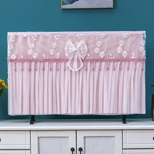 Copertura antipolvere TV in pizzo rosa ricamata fiori fiocco perline frange panno protettivo decorativo