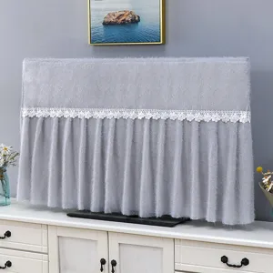 Gray plush TV dust cover detail view, elegant white lace trim design for home decor.