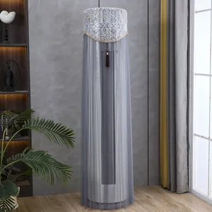 Detailed view of standing air conditioner dust cover, grey lace mesh fabric design.
