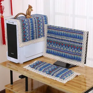 Blaues ethnisches geometrisches PC Staubschutzhauben-Set mit Spitze für Monitor und Gehäuse.
