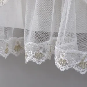 Close-up of white lace mesh fabric with delicate gold embroidery for air conditioner cover.