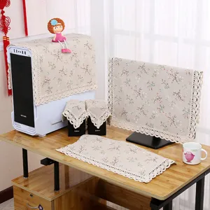 Leinen Computer Staubschutz Set, Blumendruck mit Spitzenbesatz fuer Monitor und Host.