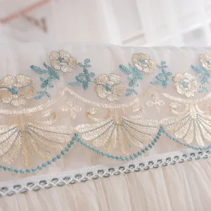 Detailed view of delicate floral lace embroidery fabric close up texture for elegant home decor