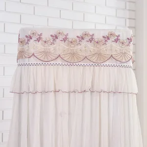 Detailed view of elegant vertical air conditioner dust cover with floral embroidery lace.