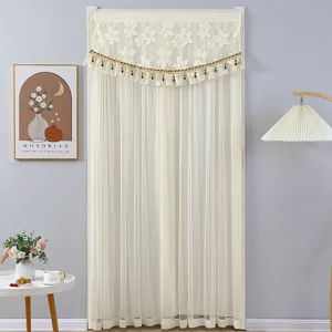 Detailed view of the double-layer lace door curtain showing delicate floral embroidery design.