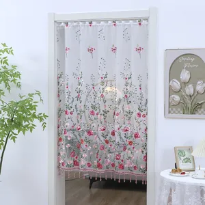 Bestickter Vorhang mit Blumen, weißer Türvorhang als Raumteiler für Schlafzimmer Deko