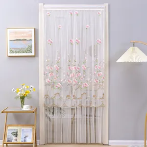 White sheer door curtain with pink floral embroidery, elegant home partition window drape.